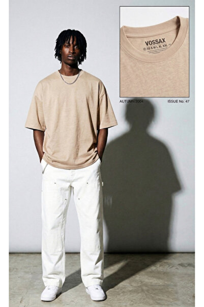VOSSAX Unisex Bej Bisiklet Yaka %100 Pamuk Premium Kalite Oversize Tişört (T-Shirt)