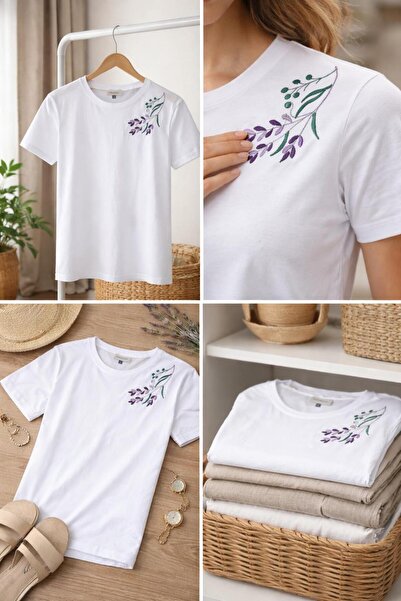 yubistitch Tshirt Embroidered Lavender-1- Combed Cotton-White
