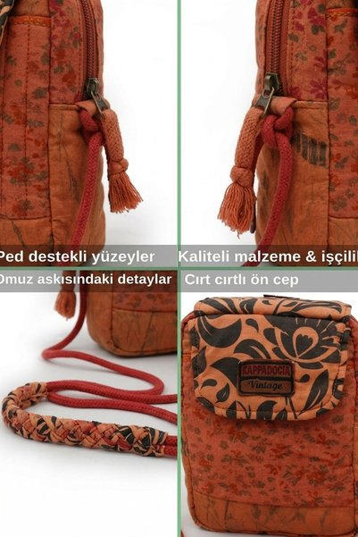 Cappadocia Vintage Women's Red Floral Patterned Shoulder Bag - Bohemian Style Mini Hand and Phone Bag