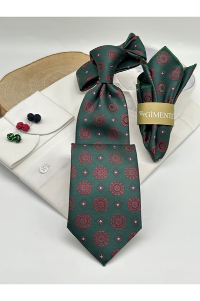 Gutiero Green Patterned Classic Tie with Handkerchief