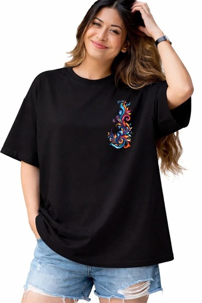 Unisex Oversize Kesim %100 Pamuk Bisiklet Yaka Siyah Tişört