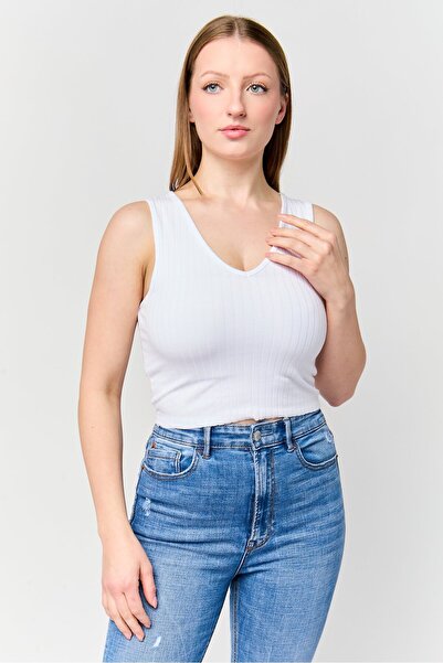 Don't Call Me Jennyfer Women V Neck Sleeveless Ribbed Tank Top, White