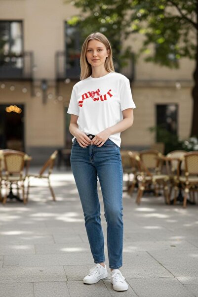 ciel moda تي شيرت صيفي أبيض كبير الحجم مطبوع عليه amour