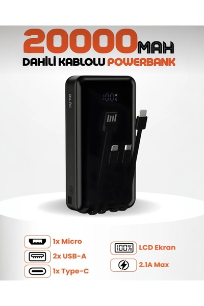 KILIF HOUSE 20.000 mAh Kendinden Kablolu Dijital Göstergeli Type-C Lightning ...