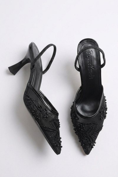 Papuckurdu Γυναικεία παπούτσια με τακούνι με μαύρο διχτυωτό κέντημα και λεπτο...