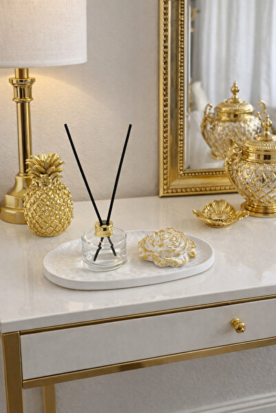 Sisay Home Gold Detaylı Dekoratif Tepsi ve Oda Kokusu Seti – Şık Dresuar & Sa...