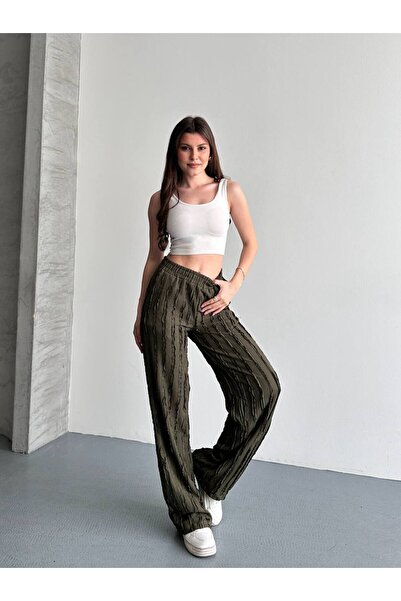 Butik Women's High Waist Vertical Textured Lettuce Edge Detailed Palazzo Trou...