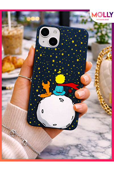 Molly iPhone 13 İçin Lacivert Küçük Prens Desenli Silikon Kılıf