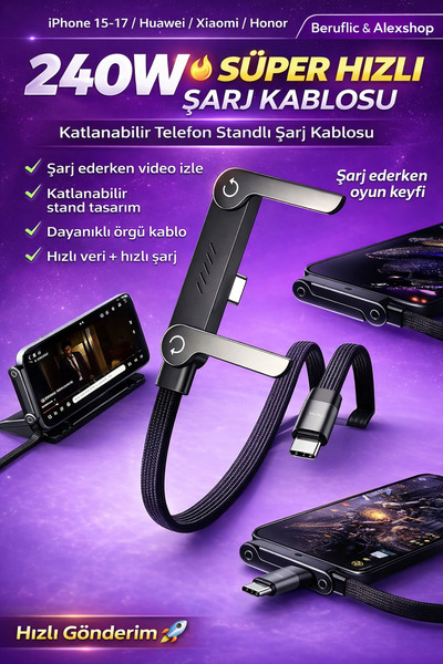 Beruflic 240W Ultra Hızlı Type-C Şarj Data Kablosu Katlanabilir Standlı Ergon...