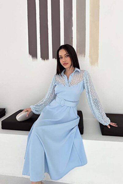 XXL BUTİK Γυναικείο Baby Shower Baby Blue Lace Λεπτομερές Μίντι Φόρεμα με Ζών...