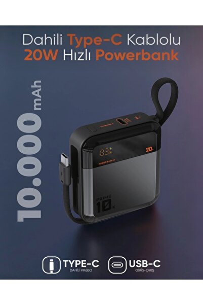 KILIF HOUSE 10.000 mAh 20W Hızlı Şarjlı Çift Type-C Kendinden Kablolu Lcd Gös...