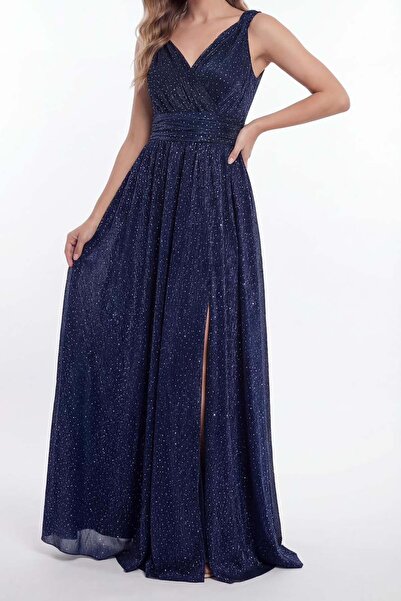 XXL BUTİK Γυναικείο μακρύ βραδινό φόρεμα σε μπλε ναυτικό χρώμα με λάμψη και σ...