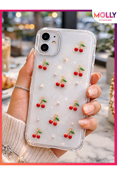Molly iPhone 11 İçin Cherry Pearl Luxe Şeffaf Işıltılı Kiraz Desenli Premium ...