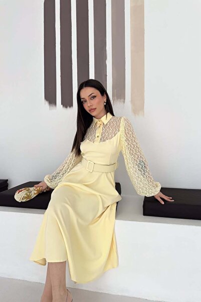 XXL BUTİK Γυναικείο κίτρινο φόρεμα μίντι με δαντέλα και λεπτομέρεια στη μέση,...