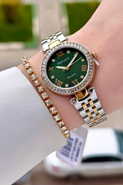 Ferrucci Kadranı Yeşil Kordonu Gold Gümüş Renk Kadın 30 Mm Kadın Kol Saati