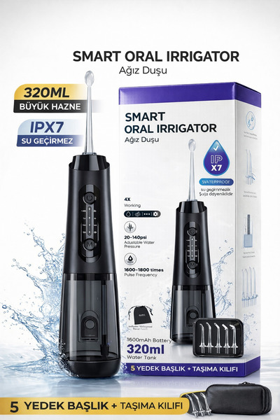 Smart Oral Irrigator Ağız Duşu 320ml IPX7 Su Geçirmez 4 Modlu Şarjlı Diş Temizleme Cihazı 5 Başlıklı