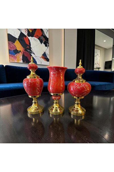 Sleep Nova Royal Red Marble Dekoratif Vazo & Obje Seti – Gold Detaylı Lüks Sa...