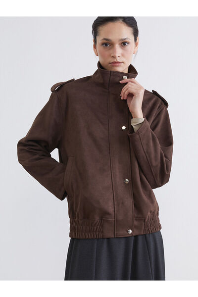 LC Waikiki Lcw Modest Brown High-Neck Oversize Women's Suede Look Jacket with...