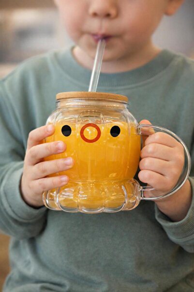 melodi Bambu Kapaklı Pipetli Brosilikat Ahtapot Kupa Bardağı