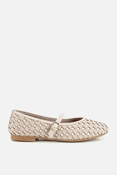 Yaya by Hotiç Women's Beige Suede Knitted Bandage Ballet Flats