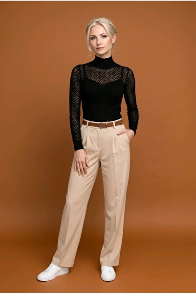 hies Νέα σεζόν Γυναικείο υφασμάτινο παντελόνι με φαρδιά μπεζ χρώματος γραμμή ...