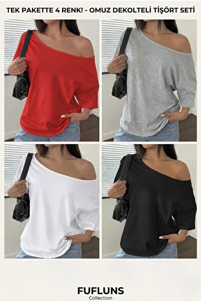 FUFLUNS Duz Basic Oversized Women's 4-Pack Boat Neck T-Shirt