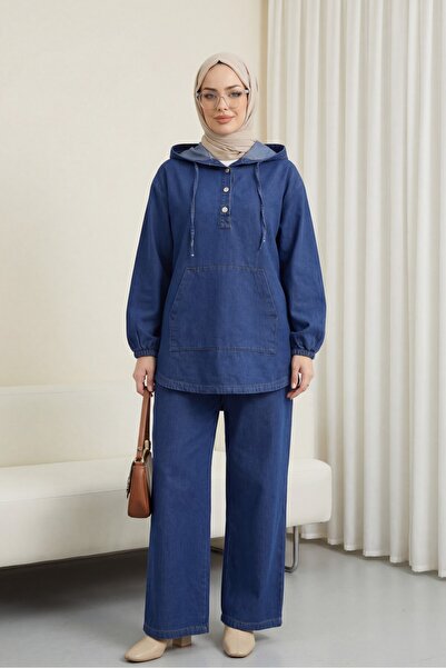 Modamorfo Hooded half button kangaroo pocket denim suit -indigo