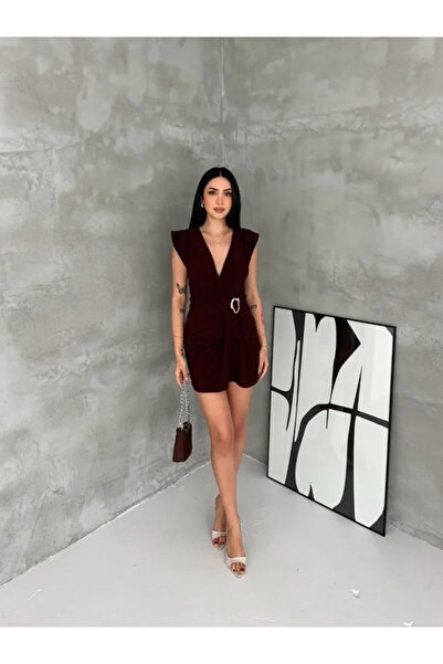Butik Double-Breasted Draped Buckle Mini Dress Stylish Evening Dress for Spec...