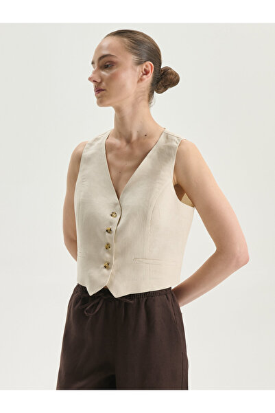 LC Waikiki V Neck 100% Linen Crop Women's Classic Vest