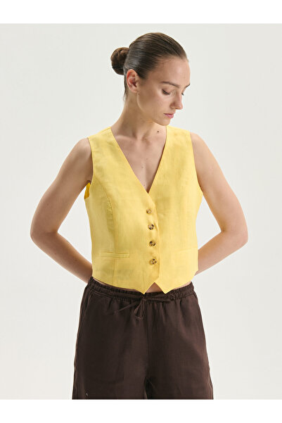LC Waikiki V Neck 100% Linen Crop Women's Classic Vest