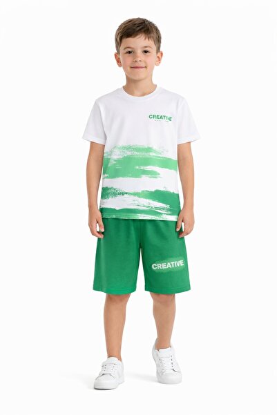 Cansın Mini Πράσινο δημιουργικό μπλουζάκι με γραπτά σχέδια και σορτς για αγόρ...