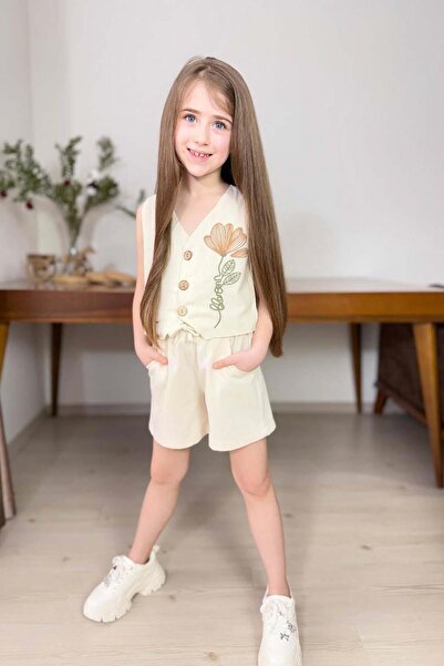 Riccotarz Κοριτσίστικο κεντημένο γιλέκο με λουλούδια, κρεμ λινό σορτς και σετ