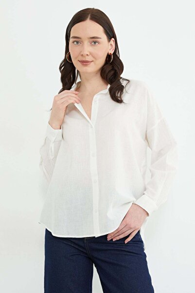 Fulla Moda Βασικό λινό πουκάμισο με εφέ φαρδιάς γραμμής