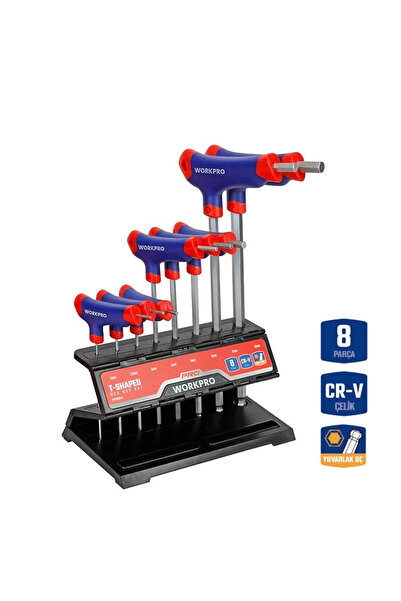 Workpro WP200542 8 Parça CR-V Top Başlı T Tipi Uzun Profesyonel Allen Anahtar...