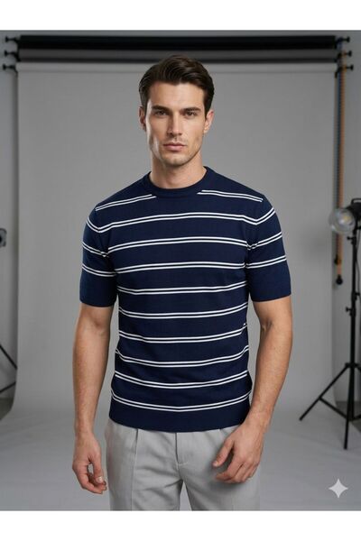 RLNC Men's Navy Blue Striped Classic Crew Neck Casual T-Shirt