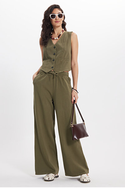 Tudors Kadın Slim Fit Dar Kesim %100 Pamuk V Yaka Çift Cepli Haki Yelek Panto...