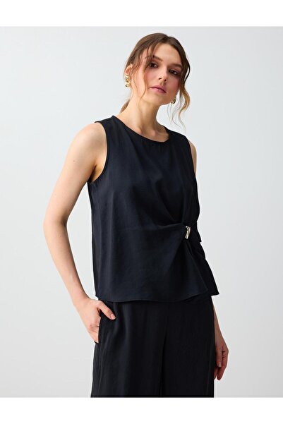 Jimmy Key Μαύρη υφαντή μπλούζα με λεπτομέρεια σε στρογγυλή λαιμόκοψη, αμάνικη