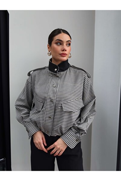 ESRAHELVACI Μπουφάν Bomber με Καρό Σχέδιο και Λεπτομέρεια Επωμίδας