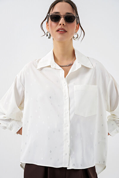 Bigdart Γυναικείο πουκάμισο με σχέδια σε μεγάλο μέγεθος 20361 - Ασημί