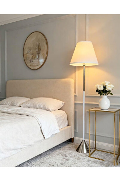 co arma Silver Base Floor Lamp, Modern Elegant Design, White Fabric Shade, Su...