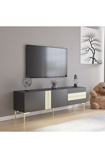 Nilah Defne 140 cm Modern TV Sehpası Antrasit Gold