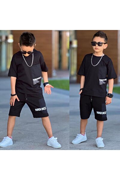 RAPAPA Set tricou și pantaloni scurți pentru băieți, cu detalii buzunare, neg...