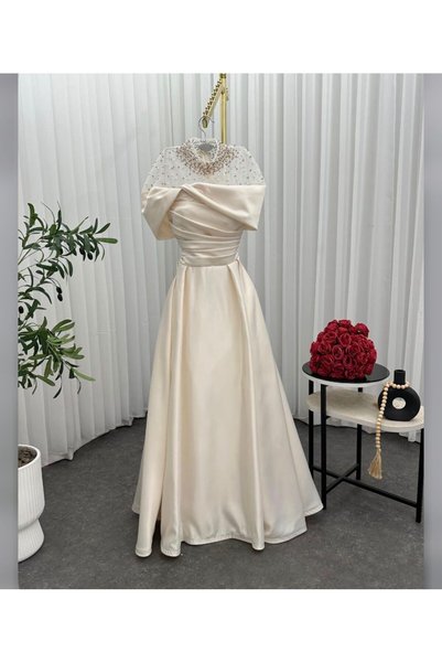 Mira Soft Raw Material Taffeta Stretch Evening Dress with Lulu Pears Embroidery