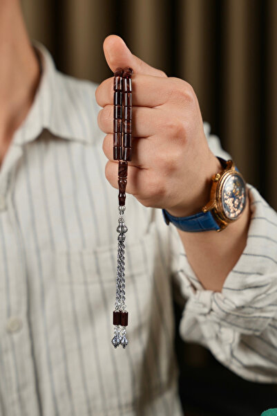 dergah tesbih Cut-Out Model Silver Design Brown Fire-I Crimped Amber Prayer B...