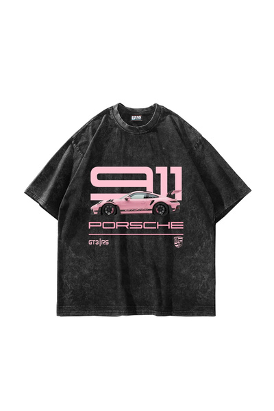 Sekizbiraltı 911 Pink Baskılı Oversize Unisex Yıkamalı Siyah Tshirt