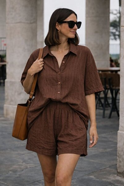 Wear Up Γυναικείο κοντομάνικο Ριγέ Μοντάλ υφασμάτινο πουκάμισο και σορτς με λ...