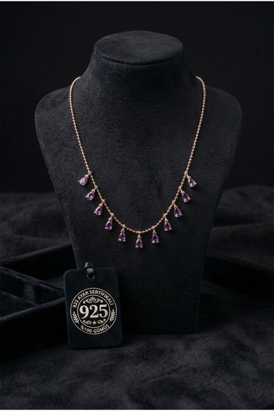 Roza Silver 925 Ayar Ametist Taşlı Rose Shakira Damla Gümüş Kolye