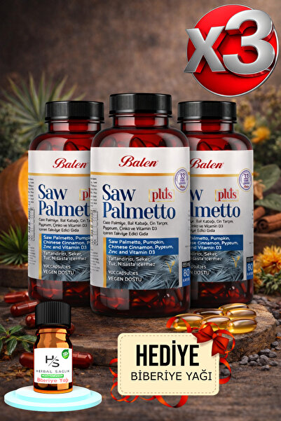 Balen 3 Adet Saw Palmetto Plus Cüce Palmiye Çinkosu D3 Kapsül 685 Mg 80 Kapsü...
