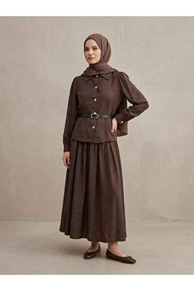 Foremia Front and Back Pencil Belt Detailed Skirt Suit - Brown