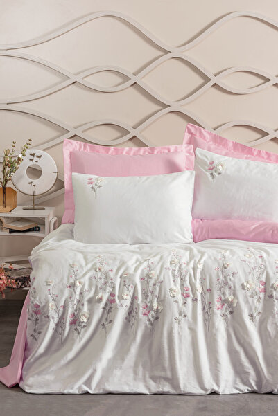 Cotton Box Set cuvertură dublă din satin brodat 3D Jolie Pink